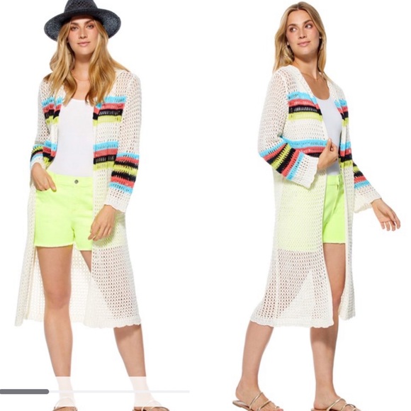 Scoop Womens Open Knit Crochet Knit Striped Boho Hooded Cardigan Kimono Sz XS - Picture 1 of 11